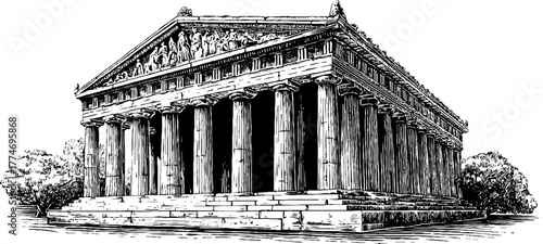 Classical roman temple facade with tall columns and triangular pediment design