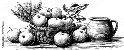 Rustic harvest composition with basket of apples and wheat stalks for retro design