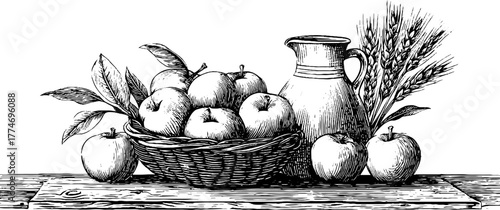 Rustic autumn harvest basket with apples and wheat stalk illustration for vintage decor