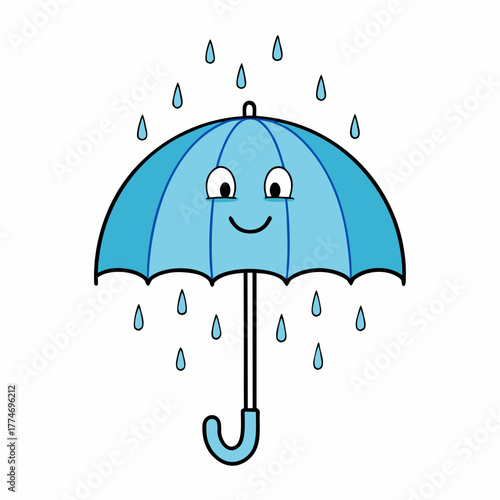 Happy blue umbrella character caught in a gentle rain shower silhouette