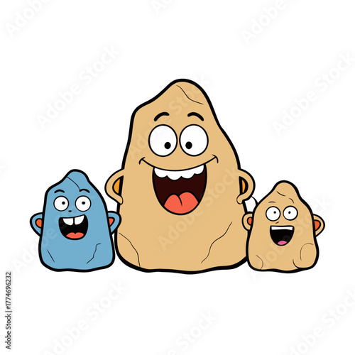 Three happy cartoon rocks with big smiles and googly eyes silhouette