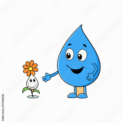 Friendly cartoon water drop character with a small flower friend silhouette