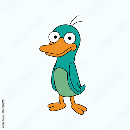 Cartoon teal and orange bird character with big eyes silhouette