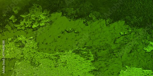 green moss on the wall vintage green wall with peeling paint and rough texture, creating an old rustic background. Soft, natural lighting and detailed surface cracks for a realistic background