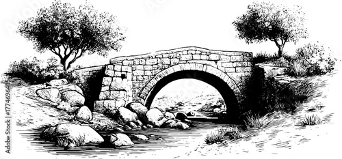 Rustic stone bridge arch in countryside engraving