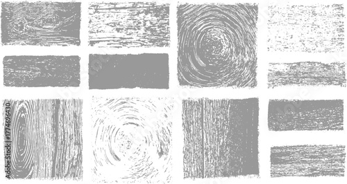 Collection of twelve grey textured rectangular and square grunge overlays depicting wood grain and abstract patterns