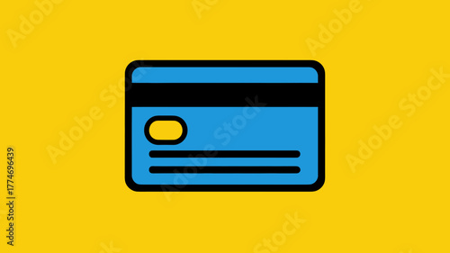 A blue credit card icon with black stripe and details