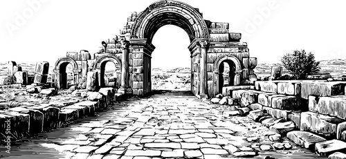 Ancient ruins with arched pathway in vintage engraving style for historical design