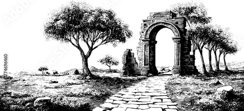 Ancient road through ruins of archway with trees and pathway in engraved landscape scene