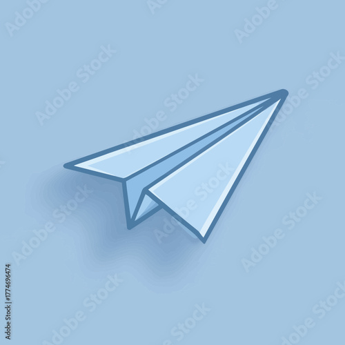 A blue paper plane flying with a shadow against the light blue sky