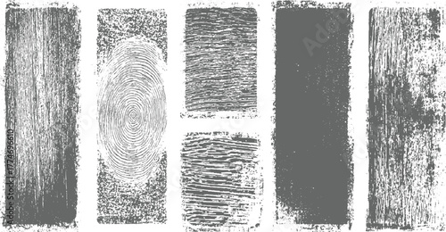 Collection of six distressed grunge textures and a fingerprint graphic vector
