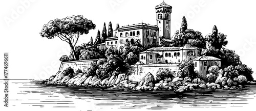 Vintage engraving of coastal fortress overlooking serene sea for artistic design