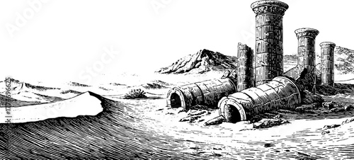 Engraved scene of desert ruins with fallen columns in sands – perfect design for poster or card