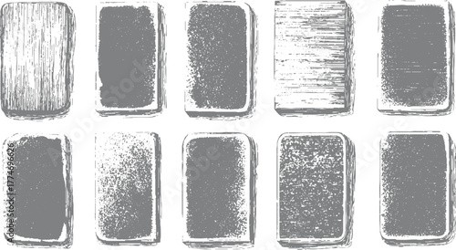 Ten gray rectangular shapes with rounded corners and textured fills on white background rectangle grey
