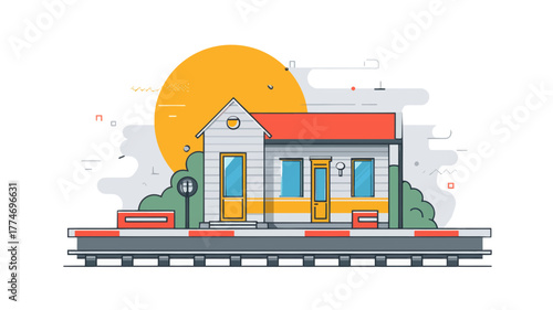 A vector illustration of a train station on a sunny day