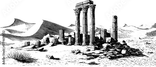 Ancient desert ruins with fallen columns and sand landscape