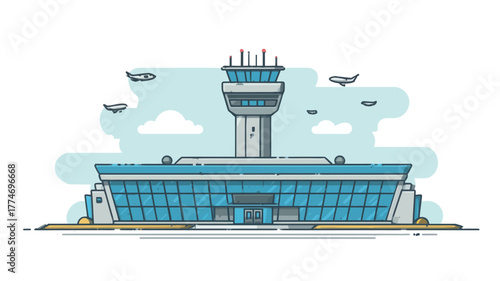 An airport building with airplanes flying in the sky