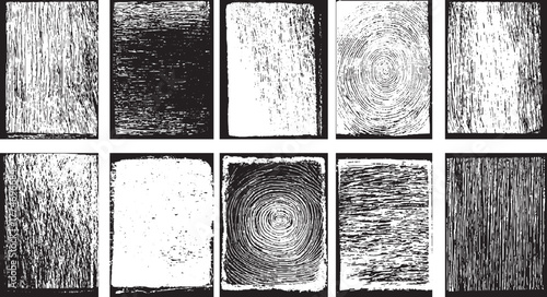 Collection of ten black and white textured grunge background overlays with fingerprint and wood grain patterns