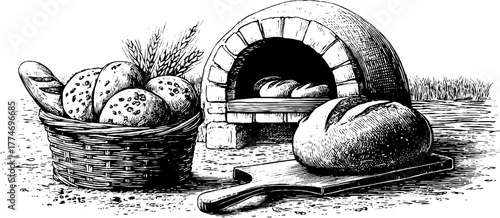 Rustic farm bakery scene with traditional oven, bread, and basket - ideal for vintage design projects