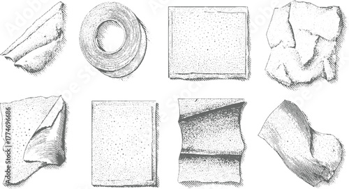 Eight vintage etched illustrations of crumpled paper and a roll of tape vector