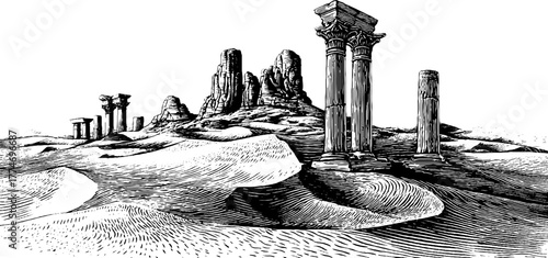 Enigmatic desert ruins in engraved style with ancient columns and sand dunes