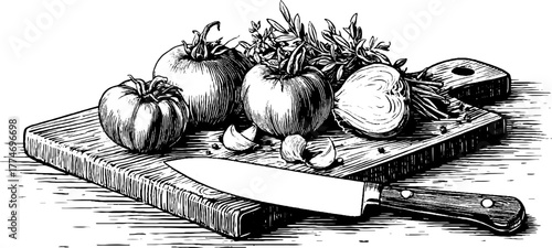 Vintage kitchen scene with vegetables and herbs on wooden cutting board