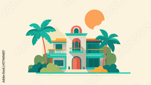Illustration of a luxurious tropical villa with palm trees