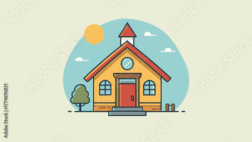 Illustration of a yellow school building with red roof in bright daylight
