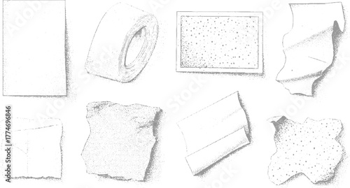 Assortment of textured paper scraps and rolled paper in stippled illustration style torn
