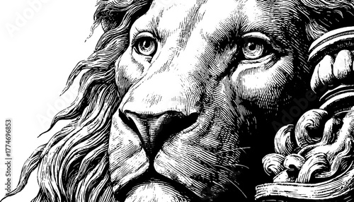 Classical lion head fountain spout in vintage engraving style for artistic decor