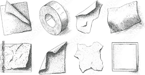 Collection of torn paper scraps and a roll of tape in a sketch style vector