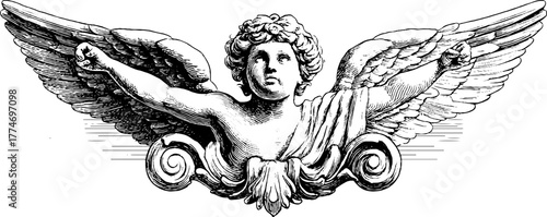 Symmetrical cherub with scroll in engraved sculptural relief for classic designs