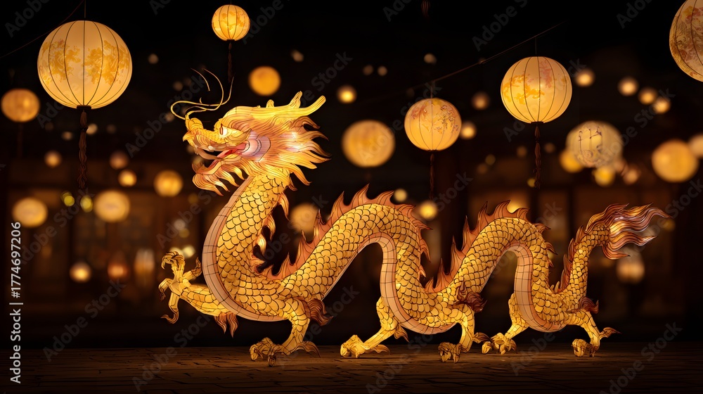 Fototapeta premium golden dragon sculpture glowing under lantern light cultural celebration background concept
