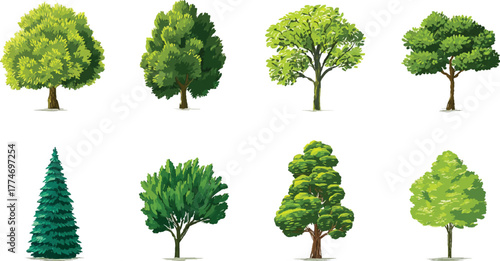 Eight diverse pixel art trees with green foliage and brown trunks on white background illustration nature