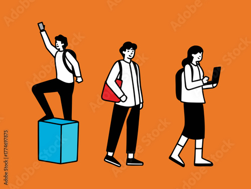 Flat Line Illustration of Diverse Modern Young Students or Professionals Carrying Bags and Using Digital Devices on an Orange Background