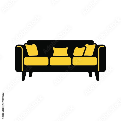 Comfortable black sofa with yellow cushions isolated on transparent background for living