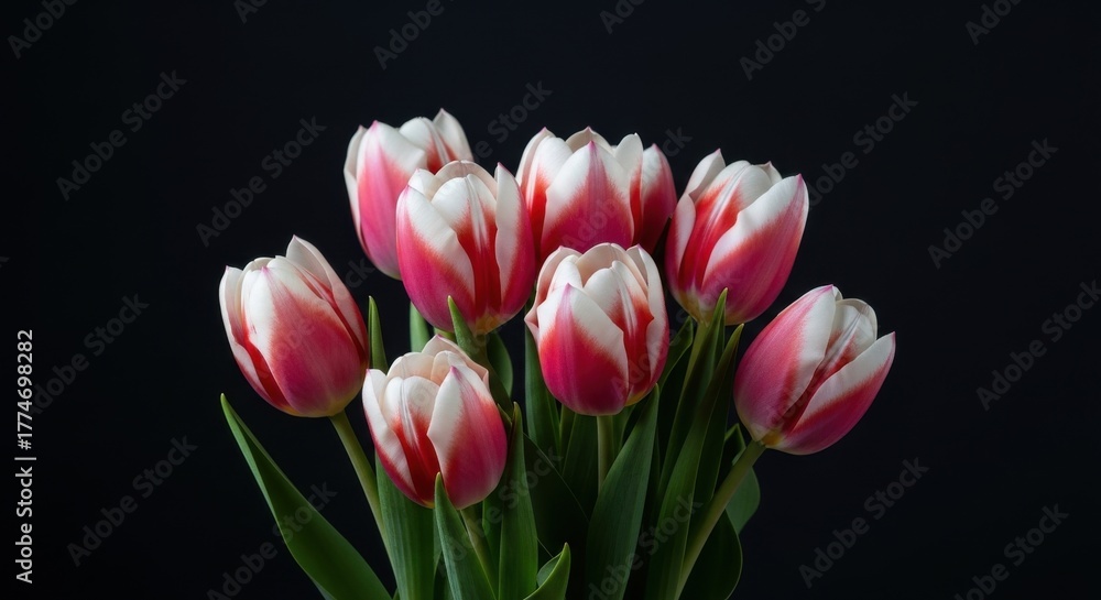 Fototapeta premium Elegant Red and White Tulips Blossoming in Full Bloom, Set Against Noir Background