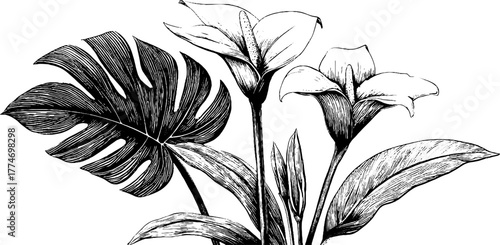 Engraved seamless pattern of tropical leaves and flowers for decorative design