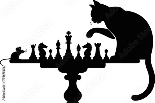Cat and Mouse Playing Chess Silhouette
