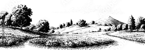 Scenic vintage landscape with fine stippling engraving for design and decoration
