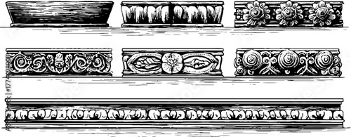 Vintage engraved architectural border set with geometric designs for decorative use