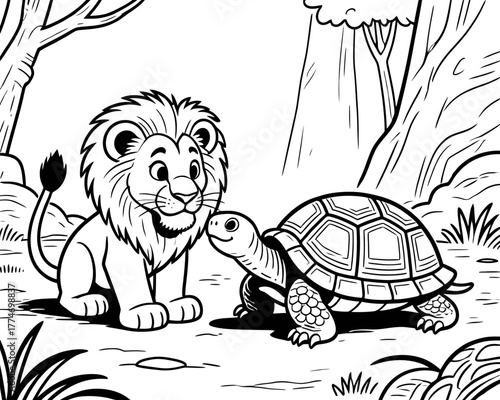 A lion discussing something with a tortoise