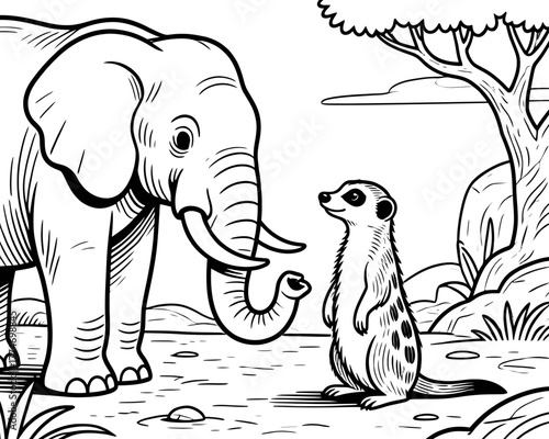 Elephant having a conversation with a meerkat 
