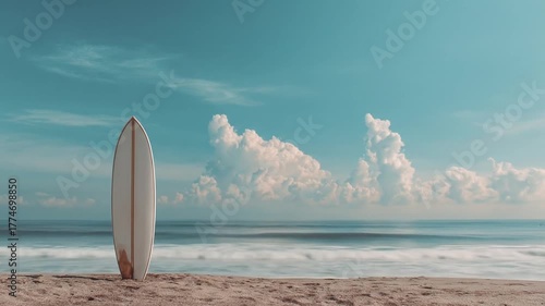 Surfboard on sandy beach with ocean and cloudy sky in background