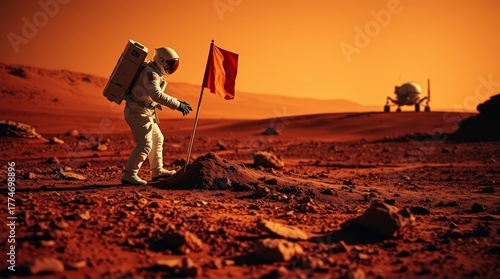 Astronaut Planting Flag on Mars