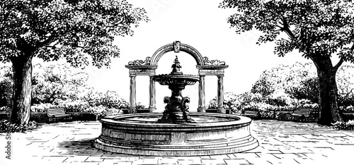 Vintage engraved fountain with columns and arches in classic garden scene