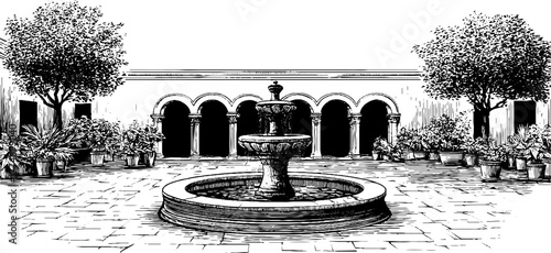 Vintage engraving of a small fountain with surrounding columns and arches in a courtyard setting