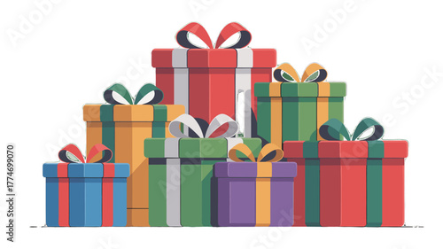 Stack of colorful gift boxes with ribbons.