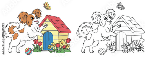 Cute Cartoon Puppy with Doghouse and Garden - Playful Canine Companion Illustration