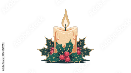 A Christmas candle with holly, ready to celebrate the holiday season.